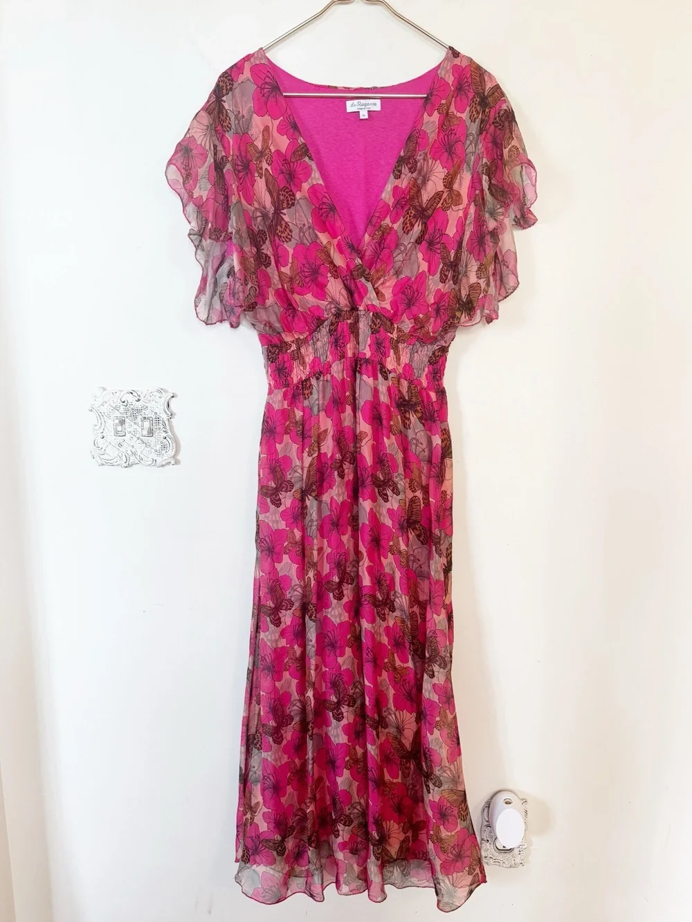 Le Ragazze Pink Floral Butterfly Flutter Sleeve Silk Maxi Dress XL - Picture 3 of 9